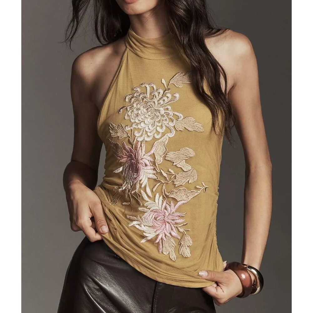 By Anthropologie Backless Mock-Neck Tank Top Floral Embroidered Yellow M 290374